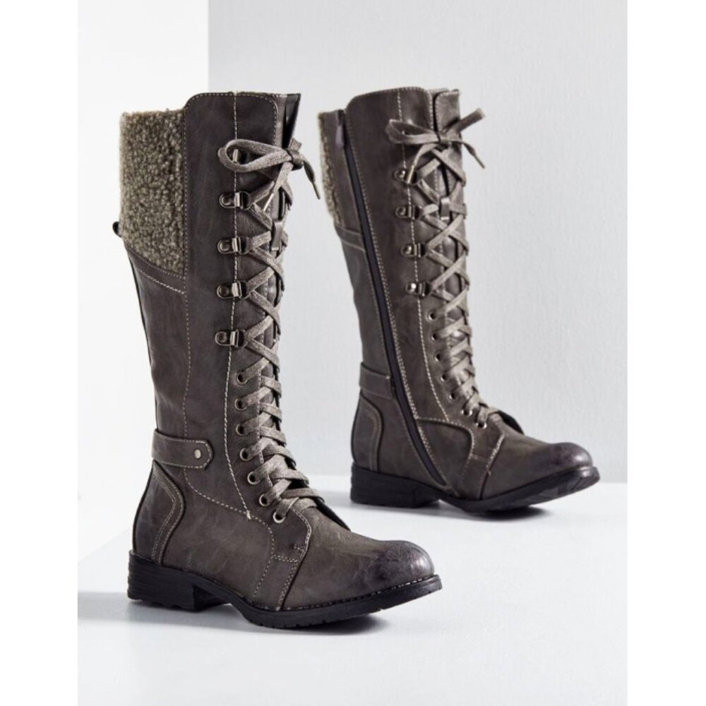 Spring Step Snowball Boots Grey Lace-Up Tall Knee-High Vegan Leather Flat Low 37